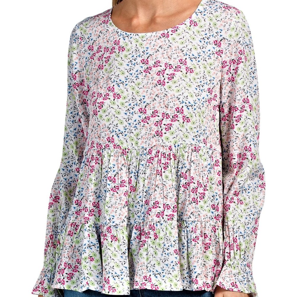 JANE and DELANCEY Floral Baby Doll Top Blouse Ruffle sleeves and the bottom sz S